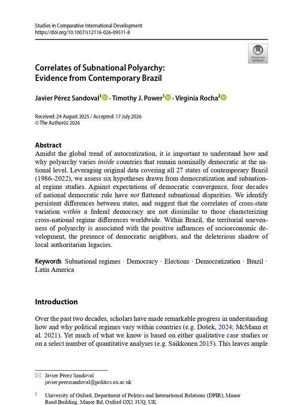 First page of “Correlates of Subnational Polyarchy: Evidence from Contemporary Brazil”
