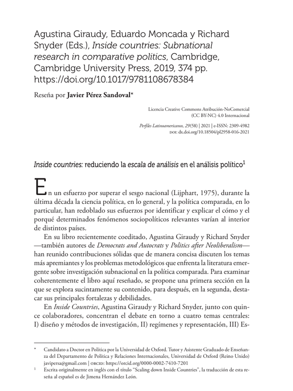 First page of “Inside countries: reduciendo la escala de análisis en el análisis político”