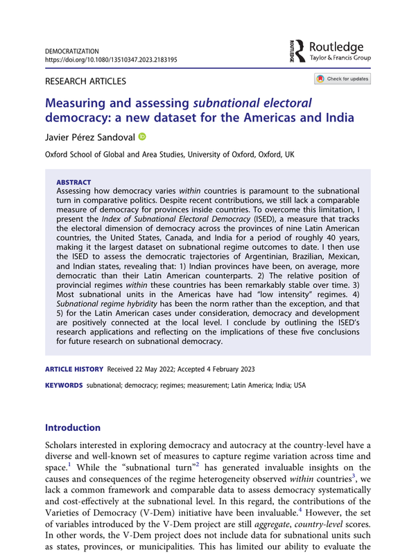 First page of “Measuring and assessing subnational electoral democracy: a new dataset for the Americas and India”