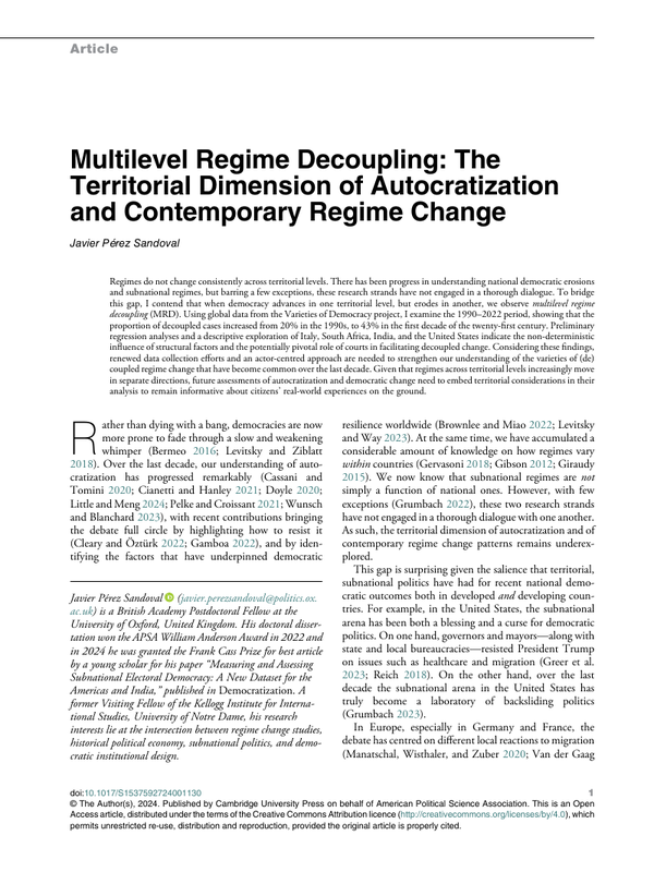 First page of “Multilevel Regime Decoupling: The Territorial Dimension of Autocratization and Contemporary Regime Change”