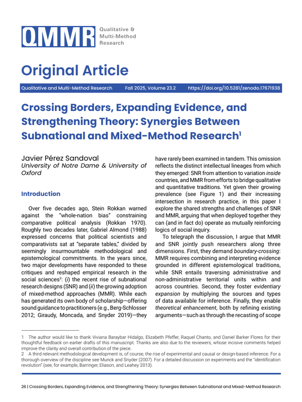 First page of “Crossing Borders, Expanding Evidence, and Strengthening Theory: Synergies Between Subnational and Mixed-Method Research”