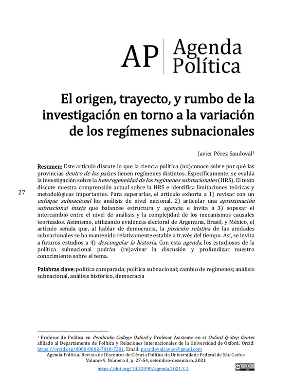 First page of “El origen, trayecto, y rumbo de la investigación en torno a la variación de los regímenes subnacionales”